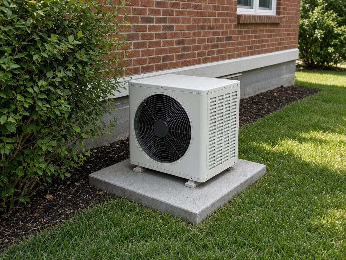 Outdoor air conditioning condenser on a pad beside a brick house.