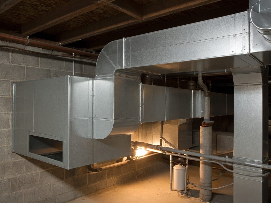 Galvanized residential ductwork in a basement.