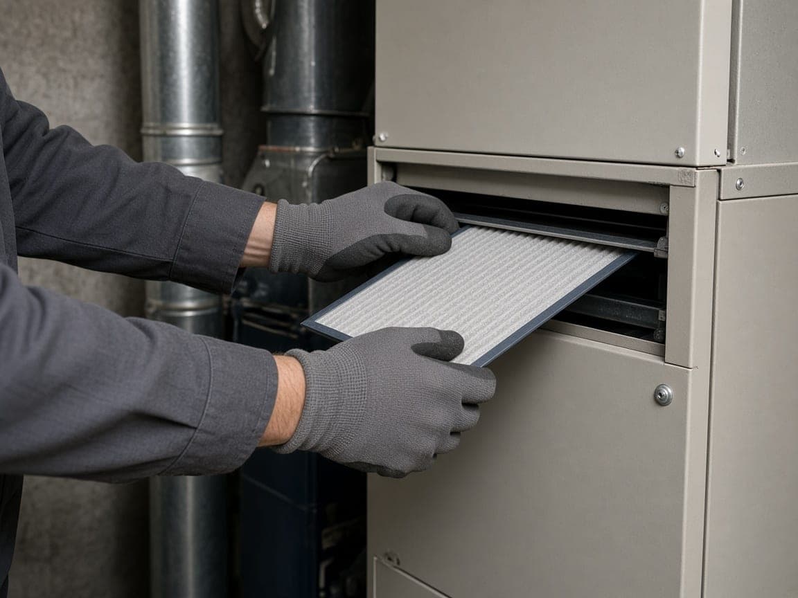 Gloved hands sliding a pleated filter into a furnace.