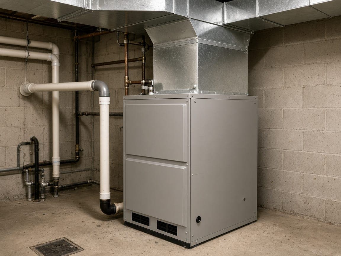 High-efficiency residential furnace and ductwork in a basement mechanical room.
