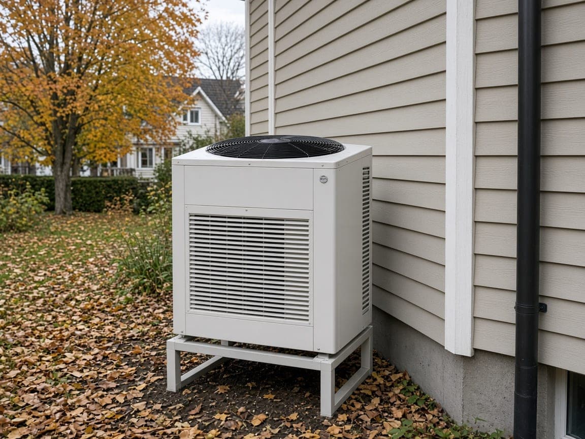 Residential heat pump outside a house with autumn leaves on the ground.