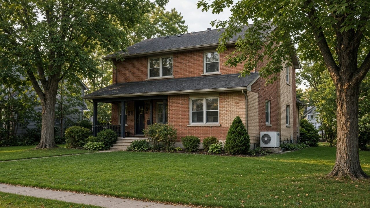 Two-storey brick house with a condenser unit beside the foundation.