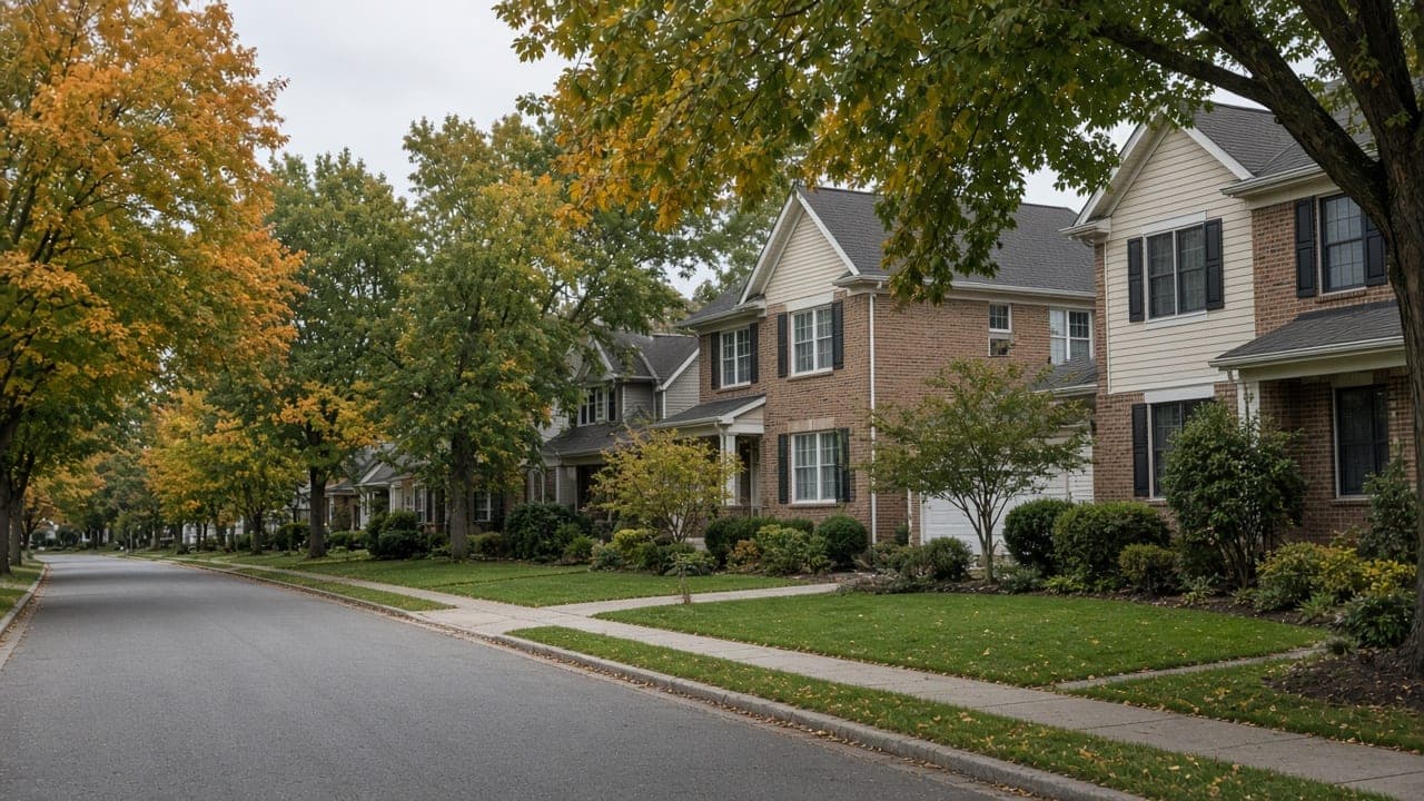 Quiet suburban street of brick houses and mature trees.