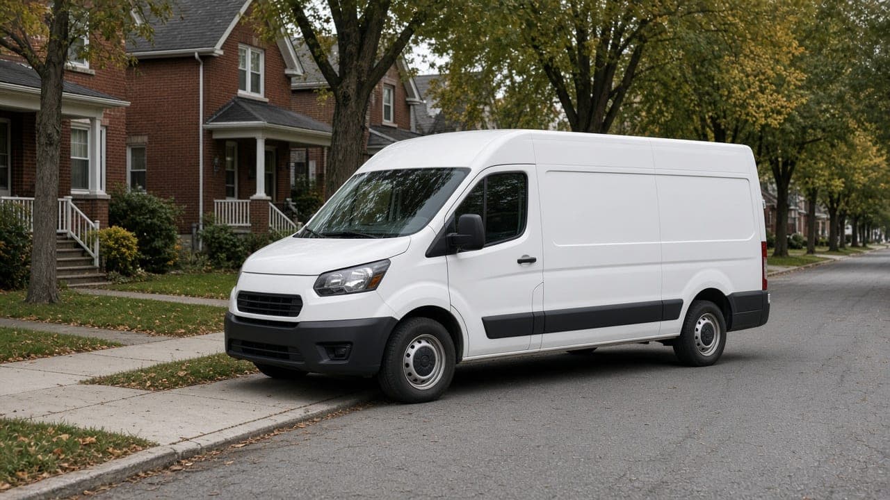 White service van parked on a tree-lined residential street.